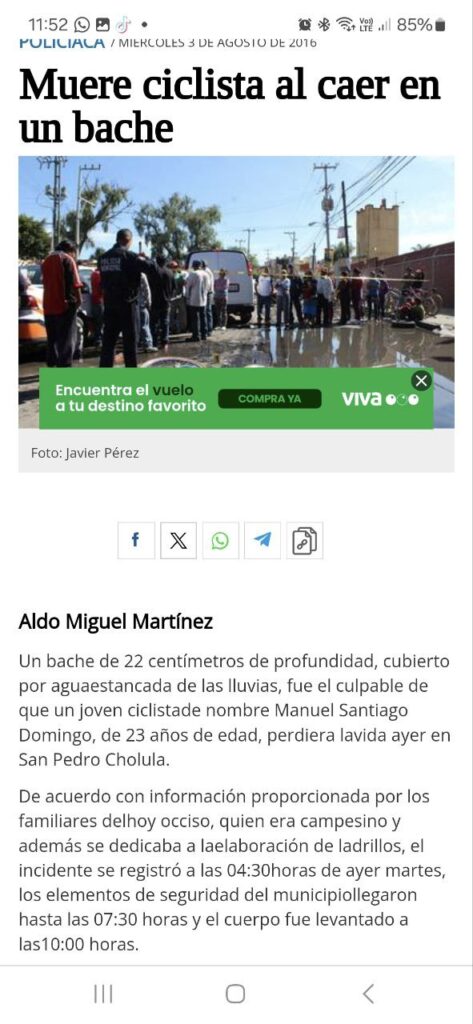 Los baches ¿Negligencia o Descuido? MUERE CICLISTAS AL CAER EN BACHE